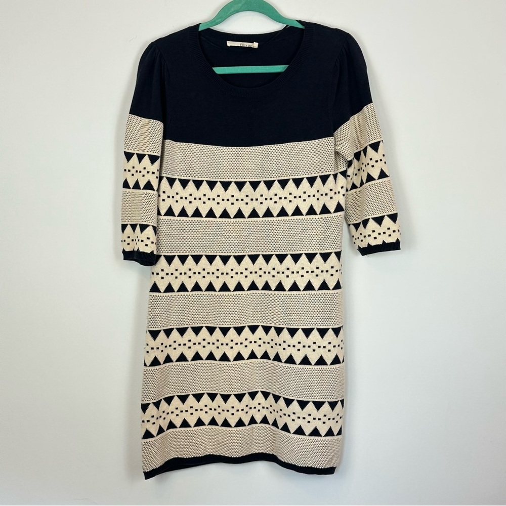 Ellison 100% Cotton Navy Ivory Puff Sleeve Sweater Sheath Dress M